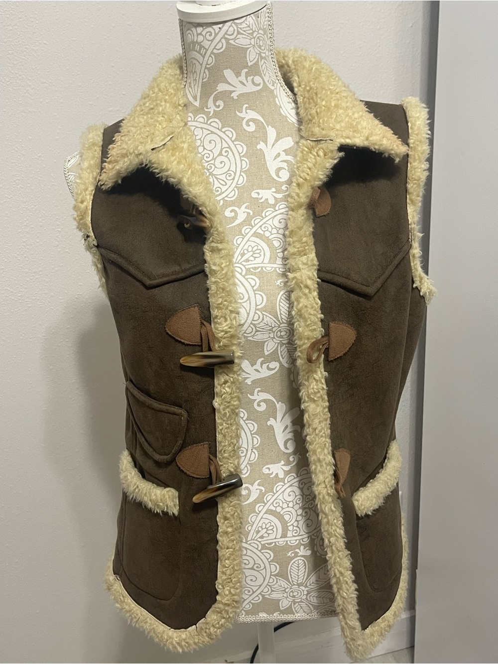 Women's Brown Faux Suede Sherpa Shearling-Trim Vest